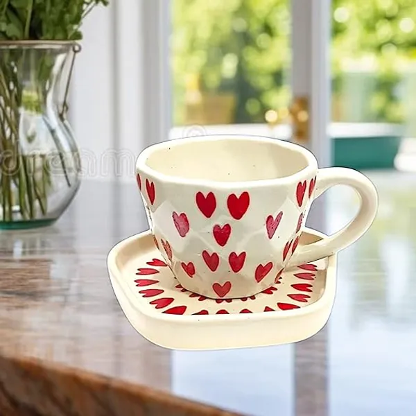 White_&_Red_Handicraft_Ceramic_Tea_Cup_and_Plate,_Beautiful_Ceramic_Cup_and_Saucer,_Coffee_Mug_and_Plate_With_Heart_Printed_(250_ML)