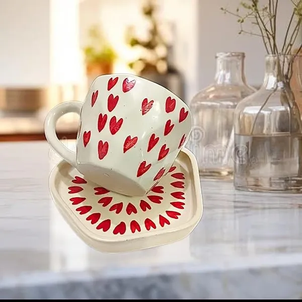 White_&_Red_Handicraft_Ceramic_Tea_Cup_and_Plate,_Beautiful_Ceramic_Cup_and_Saucer,_Coffee_Mug_and_Plate_With_Heart_Printed_(250_ML)
