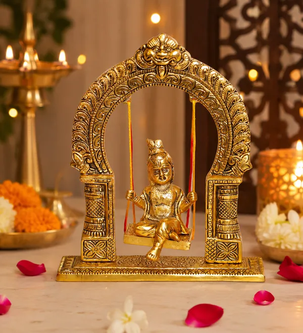 Hastcraft_Bal_Gopal_Jhula_Swing_with_Ornate_Arch_I_Decorative_Jhula_with_sitting_Gopal_Ji_I_For_Home_Temple,_Pooja_Room_&_office_&_home_Décor