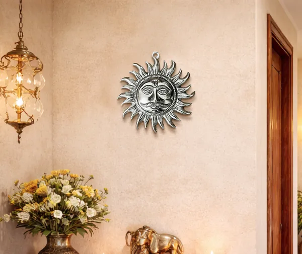 Hastcraft_Handcrafted_Metal_Sun_Face_with_Rays_Antique_Wall_Decor_Silver_Finish_for_Energy_and_Positivity,_Home-Living_Room,_Entrance_&_Office-8_Inch