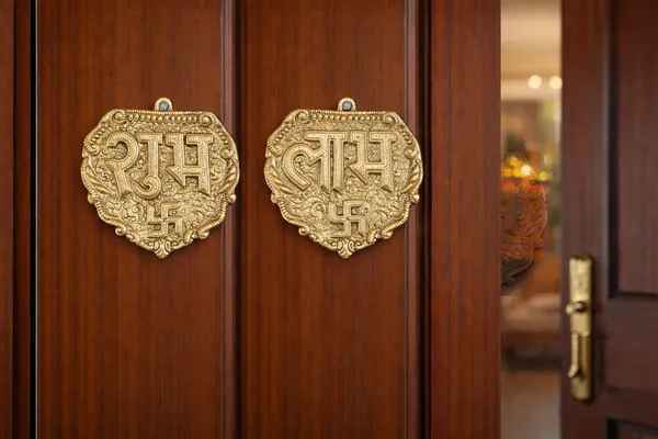 Hastcraft_Metal_Shubh_Labh_Wall_Hanging_Set_for_Home_Entrance_with_Swastik_engraved-_Gold_Finish._Traditional_Door_Decorative_-symbols_for_invite_prosperity_&_wealth._Beautiful_Gift_13cm
