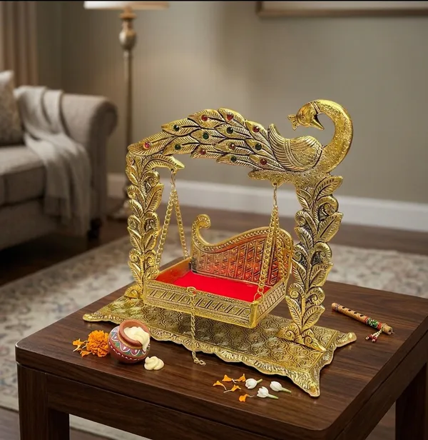 Hastcraft_Peacock_Design_Metal_Jhula_for_Laddu_Gopal_Ji_|__Traditional_Golden_Hanging_Swing_Cradle_I_Home_Temple_&_Festive_Decor_|_Gold_Finish