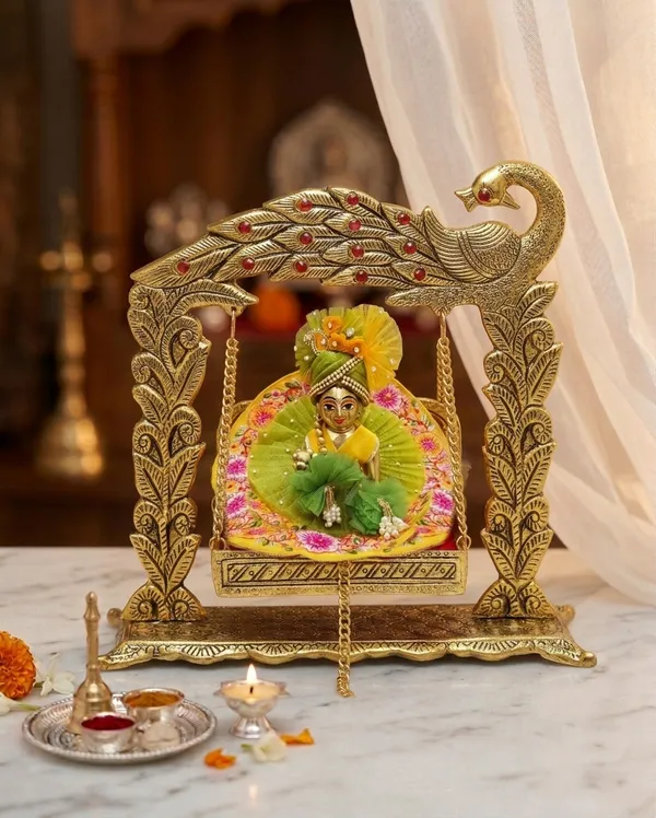 Hastcraft_Peacock_Design_Metal_Jhula_for_Laddu_Gopal_Ji_|__Traditional_Golden_Hanging_Swing_Cradle_I_Home_Temple_&_Festive_Decor_|_Gold_Finish