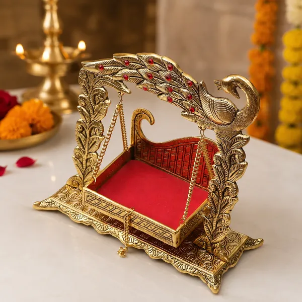 Hastcraft_Peacock_Design_Metal_Jhula_for_Laddu_Gopal_Ji_|__Traditional_Golden_Hanging_Swing_Cradle_I_Home_Temple_&_Festive_Decor_|_Gold_Finish