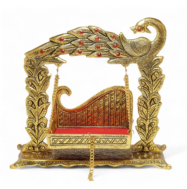 Hastcraft_Peacock_Design_Metal_Jhula_for_Laddu_Gopal_Ji_|__Traditional_Golden_Hanging_Swing_Cradle_I_Home_Temple_&_Festive_Decor_|_Gold_Finish