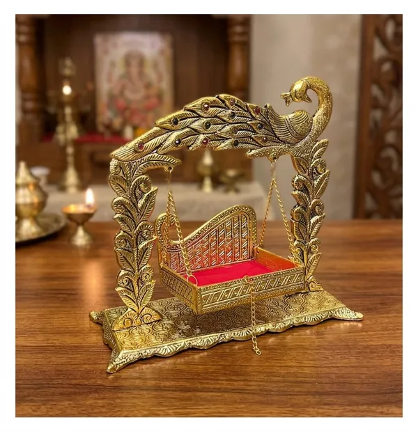 Hastcraft_Peacock_Design_Metal_Jhula_for_Laddu_Gopal_Ji_|__Traditional_Golden_Hanging_Swing_Cradle_I_Home_Temple_&_Festive_Decor_|_Gold_Finish