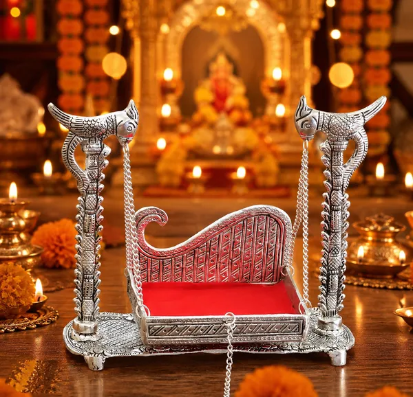 Hastcraft_Royal_Parrot_Design_Metal_Hindola_Jhula_for_Laddu_Gopal_Ji_|_Krishna_Bal_Gopal_Palna_Curve_Shape_|_Decorative_Mandir_Pooja_Swing_|_Silver_Finish