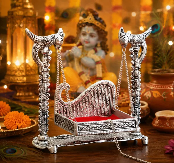 Hastcraft_Royal_Parrot_Design_Metal_Hindola_Jhula_for_Laddu_Gopal_Ji_|_Krishna_Bal_Gopal_Palna_Curve_Shape_|_Decorative_Mandir_Pooja_Swing_|_Silver_Finish