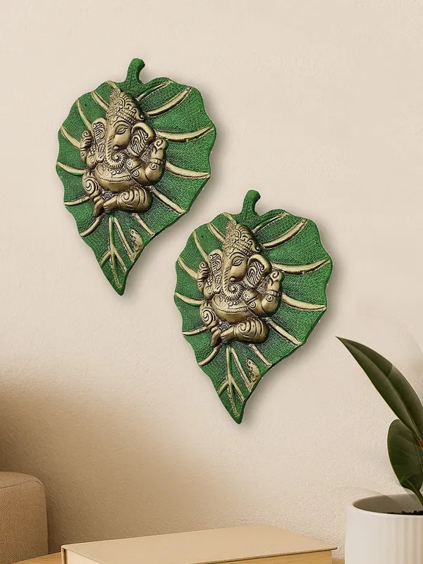 Green_Metal_Premium_&_Elegant_Leaf_Ganesha_Wall_Hanging_(Set_Of_2)