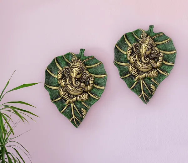 Green_Metal_Premium_&_Elegant_Leaf_Ganesha_Wall_Hanging_(Set_Of_2)