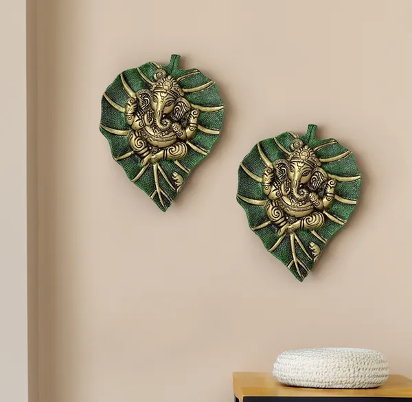 Green_Metal_Premium_&_Elegant_Leaf_Ganesha_Wall_Hanging_(Set_Of_2)