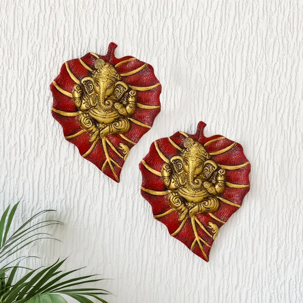 Metal_Premium_&_Elegant_Leaf_Ganesha_Wall_Hanging_(Set_Of_2)