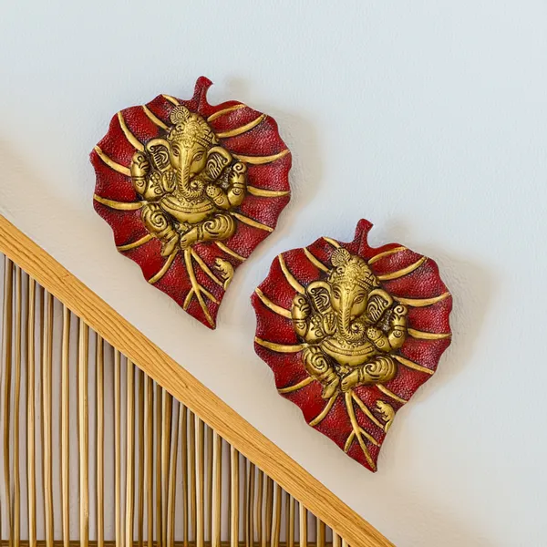 Metal_Premium_&_Elegant_Leaf_Ganesha_Wall_Hanging_(Set_Of_2)