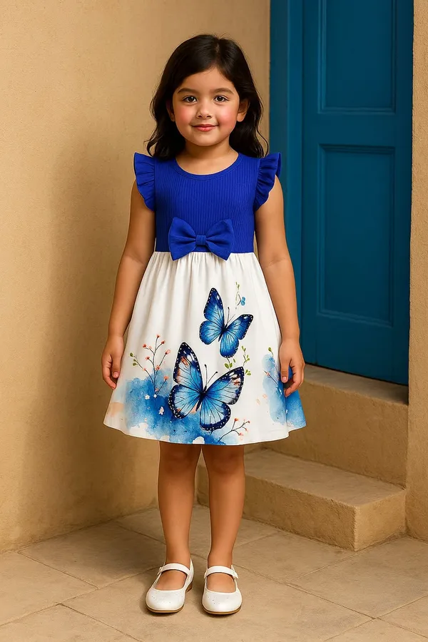 Navy_Blue_Ruffled_Sleeve_Bow_Tie_Floral_Print_Casual_Dress_For_Girls