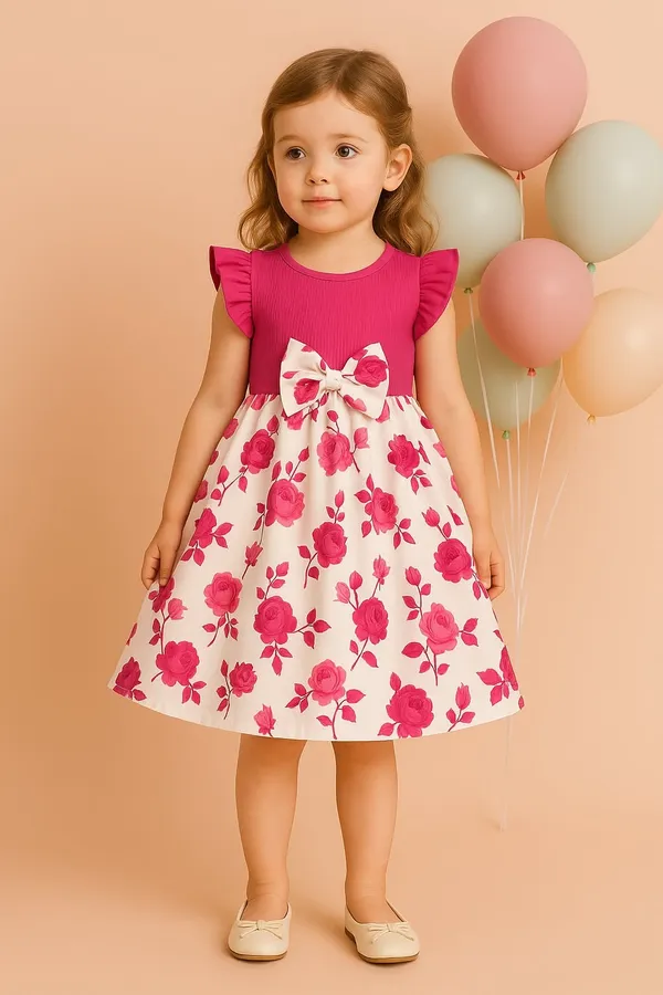 Dark_Pink_Ruffled_Sleeve_Bow_Tie_Floral_Print_Casual_Dress_For_Girls
