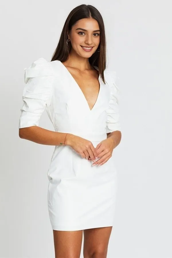 White_Puff_Sleeve_Backless_V_Neck_Blazer_Dress