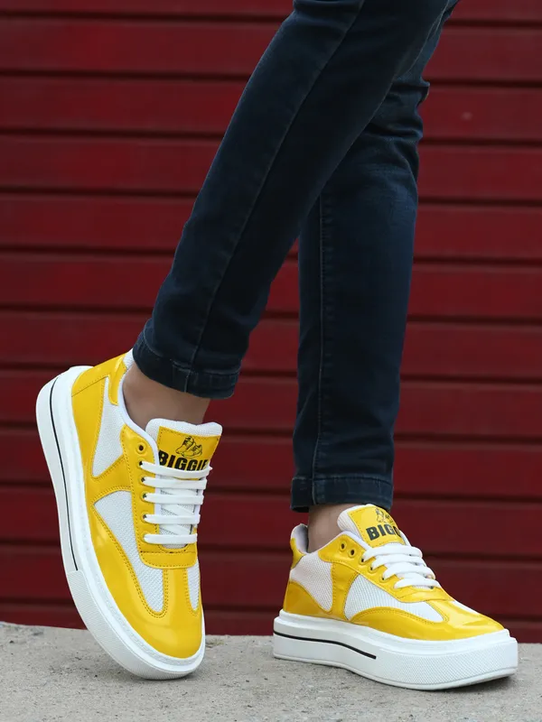Yellow_Patent_Leather_Casual_Sneakers_Shoes_For_Men