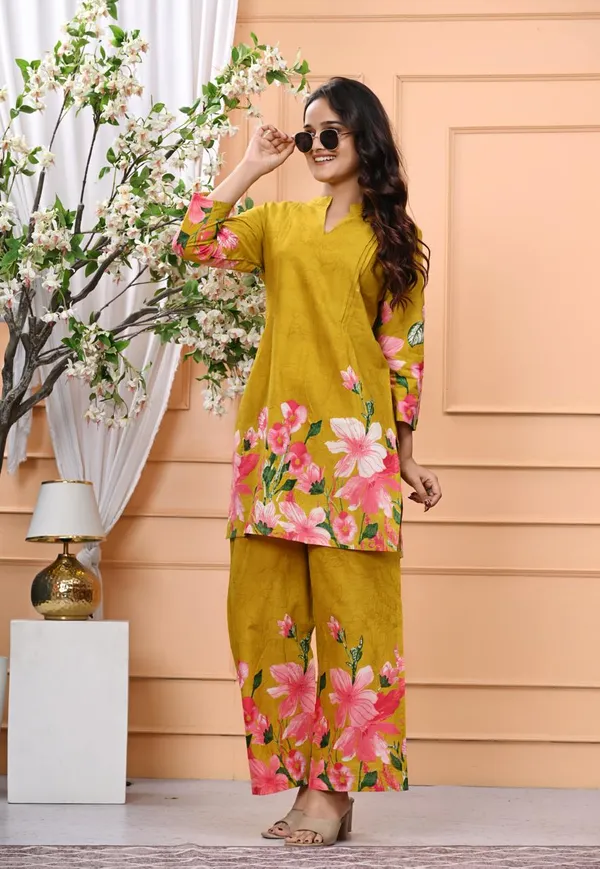 Mustard_Blossom_Printed_Cotton_Kurta_Set_For_Women