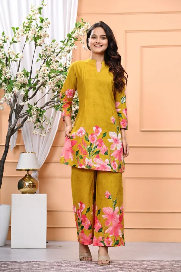 Mustard_Blossom_Printed_Cotton_Kurta_Set_For_Women