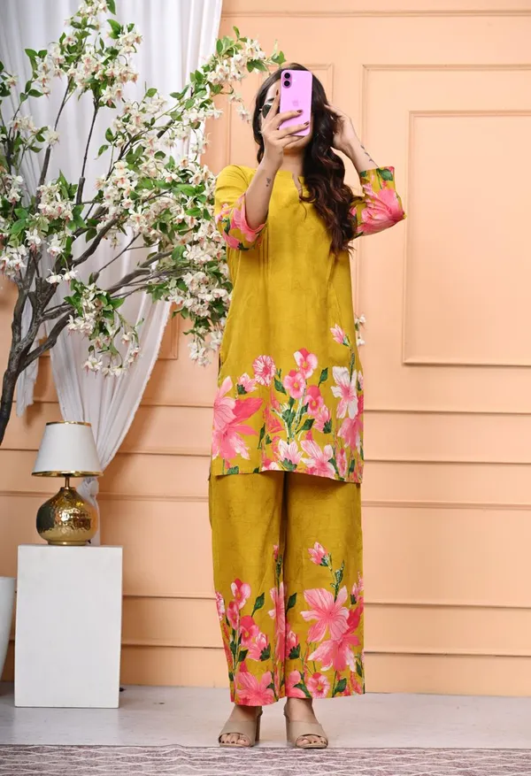 Mustard_Blossom_Printed_Cotton_Kurta_Set_For_Women