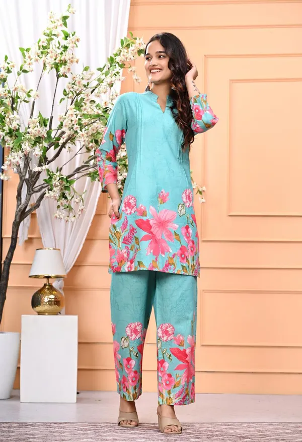 Sky_Blue_New_Trending_Short_Cord_Set_With_Pant_For_Women