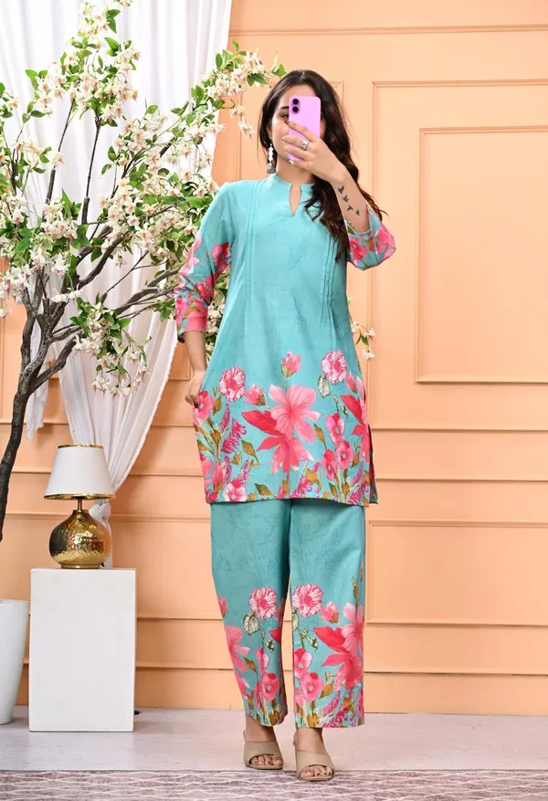 Sky_Blue_New_Trending_Short_Cord_Set_With_Pant_For_Women