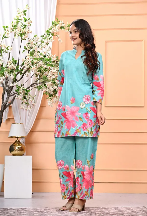 Sky_Blue_New_Trending_Short_Cord_Set_With_Pant_For_Women