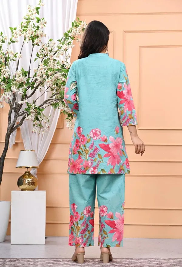 Sky_Blue_New_Trending_Short_Cord_Set_With_Pant_For_Women
