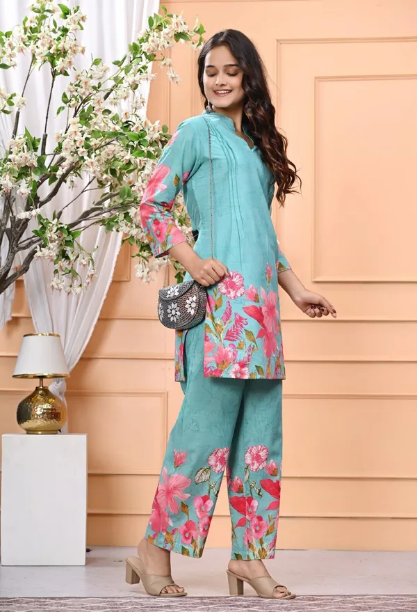Sky_Blue_New_Trending_Short_Cord_Set_With_Pant_For_Women