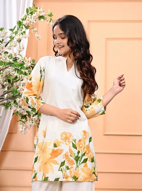 White_New_Trending_Short_Kurti_With_Pant_For_Women