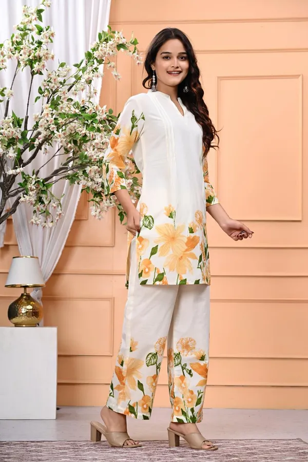 White_New_Trending_Short_Kurti_With_Pant_For_Women