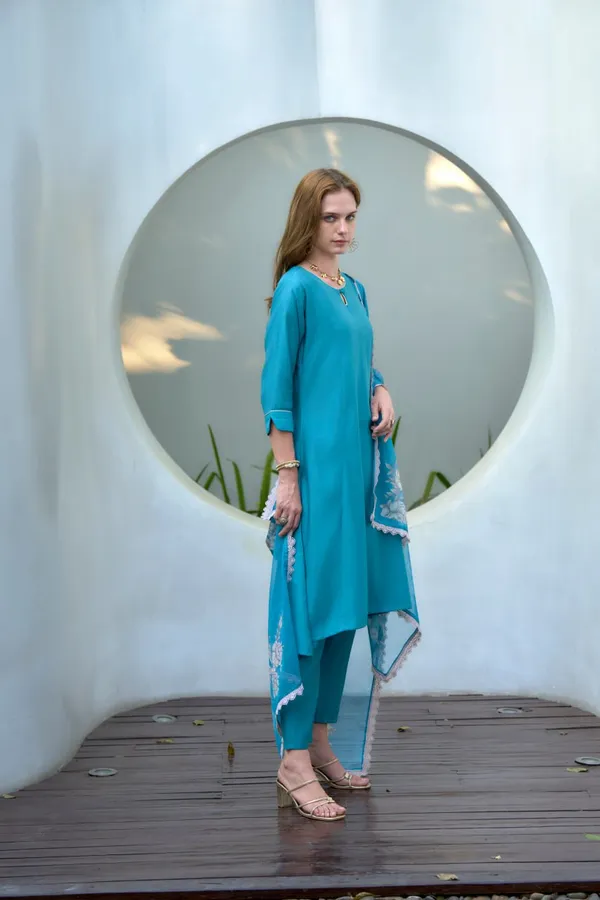 Sky_Blue_Office-Ready_Kurti_Pant_Set_With_Pastel_Organza_Touch_For_Women