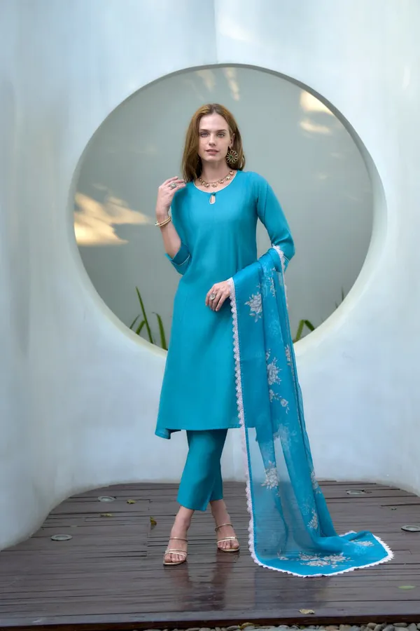 Sky_Blue_Office-Ready_Kurti_Pant_Set_With_Pastel_Organza_Touch_For_Women