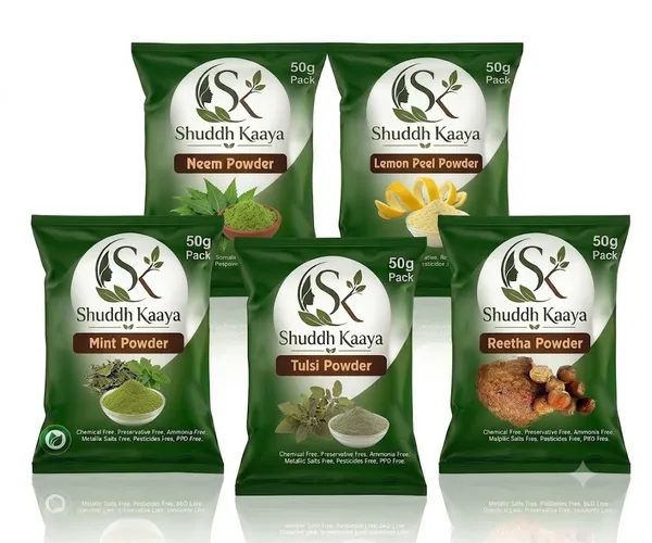 Shuddh_Kaaya_Herbal_Powder_Set_Neem_Lemon_Peel_Mint_Tulsi_Reetha_Pack_Of_5