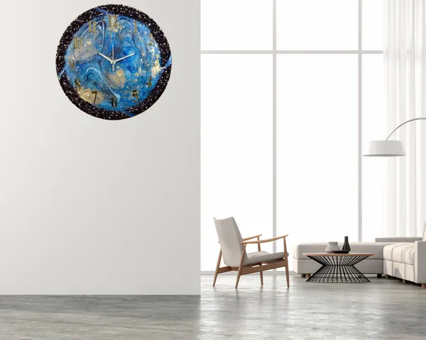 Multicolor_Wood_&_Resin_Epoxy_Handmade_Wall_Clock_With_Blue_Coated_Glittered_Crystals_And_Small_Pieces_Of_Glass_High_Quality_Glorious_Piece