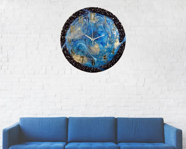 Multicolor_Wood_&_Resin_Epoxy_Handmade_Wall_Clock_With_Blue_Coated_Glittered_Crystals_And_Small_Pieces_Of_Glass_High_Quality_Glorious_Piece