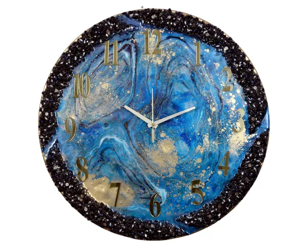 Multicolor_Wood_&_Resin_Epoxy_Handmade_Wall_Clock_With_Blue_Coated_Glittered_Crystals_And_Small_Pieces_Of_Glass_High_Quality_Glorious_Piece