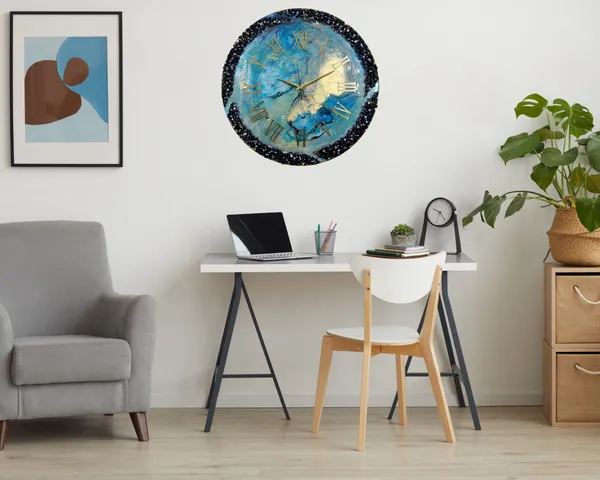 Multicolor_Wood_&_Resin_Clock_Handmade_Epoxy_Wall_Clock_With_Green_&_Blue_Coated_Glittered_Crystals_And_Small_Pieces_Of_Glass_High_Quality_Glorious_Piece