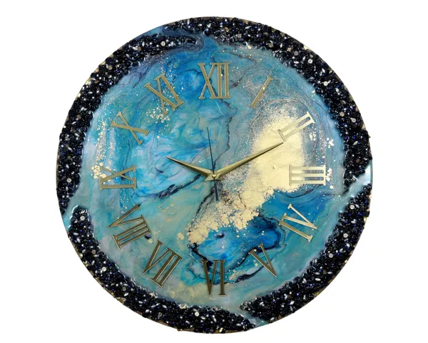 Multicolor_Wood_&_Resin_Clock_Handmade_Epoxy_Wall_Clock_With_Green_&_Blue_Coated_Glittered_Crystals_And_Small_Pieces_Of_Glass_High_Quality_Glorious_Piece