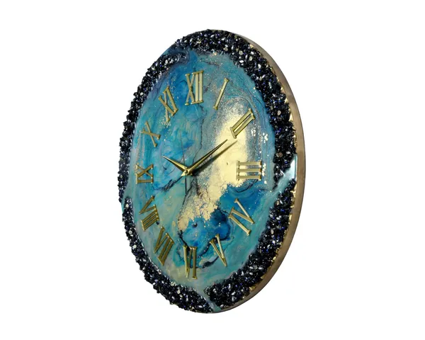 Multicolor_Wood_&_Resin_Clock_Handmade_Epoxy_Wall_Clock_With_Green_&_Blue_Coated_Glittered_Crystals_And_Small_Pieces_Of_Glass_High_Quality_Glorious_Piece