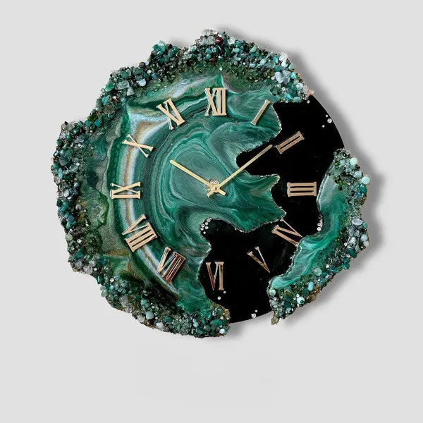 Multicolor_Wood_&_Resin_Clock_Handmade_Epoxy_Wall_Clock_With_Green_&_Black_Coated_Glittered_Crystals_And_Small_Pieces_Of_Glass_High_Quality_Glorious_Piece
