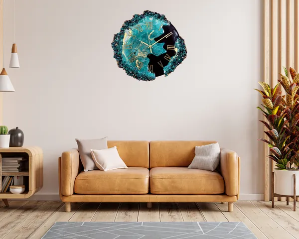 Multicolor_Wood_&_Resin_Clock_Handmade_Epoxy_Wall_Clock_With_Green_&_Black_Coated_Glittered_Crystals_And_Small_Pieces_Of_Glass_High_Quality_Glorious_Piece