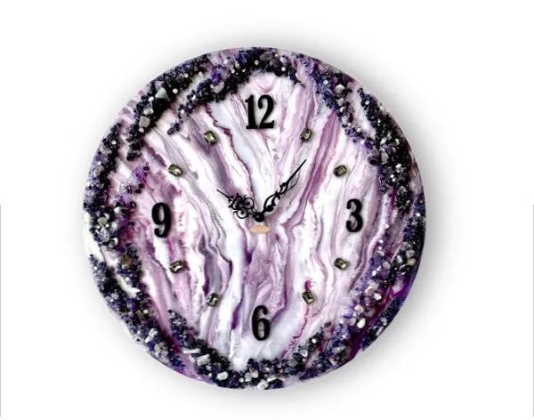 Multicolor_Wood_Handmade_Wall_Clock_With_Purple_Coated_Glittered_Crystals_And_Small_Pieces_Of_Glass_High_Quality_Glorious_Piece