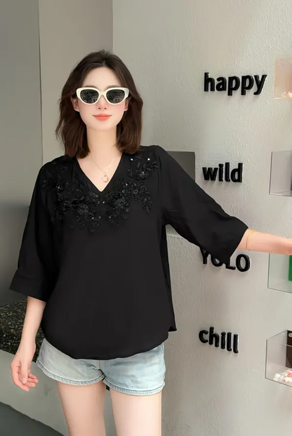 Black_Embroidered_V-Neck_Top