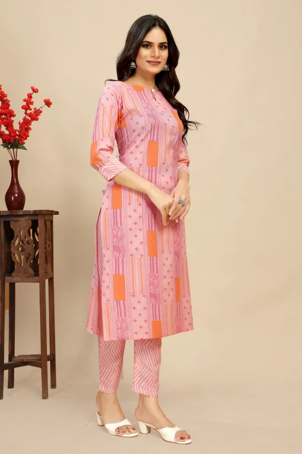 Pink_Cotton_Floral_Block_Printed_Kurti_Pair