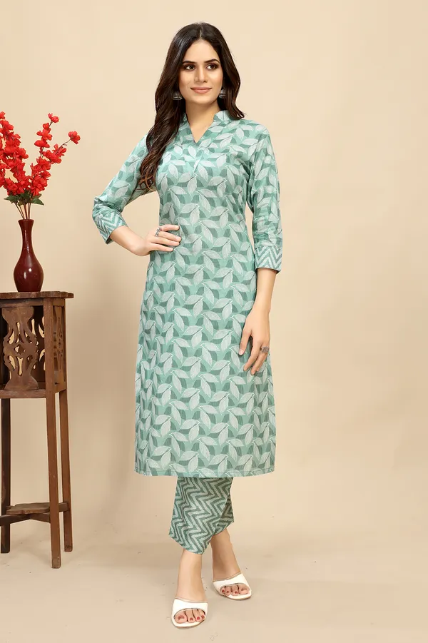 Light_Blue_Pure_Cotton_Leaf_Printed_Kurta_Pant_Set