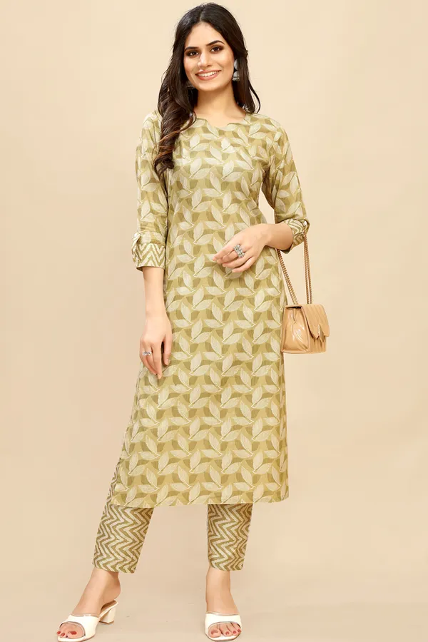Yellow_Beige_Pure_Cotton_Leaf_Printed_Kurta_Pant_Suit