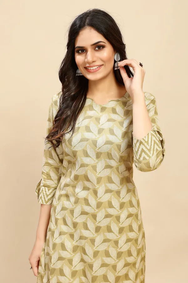 Yellow_Beige_Pure_Cotton_Leaf_Printed_Kurta_Pant_Suit