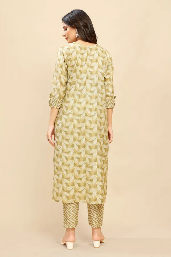 Yellow_Beige_Pure_Cotton_Leaf_Printed_Kurta_Pant_Suit
