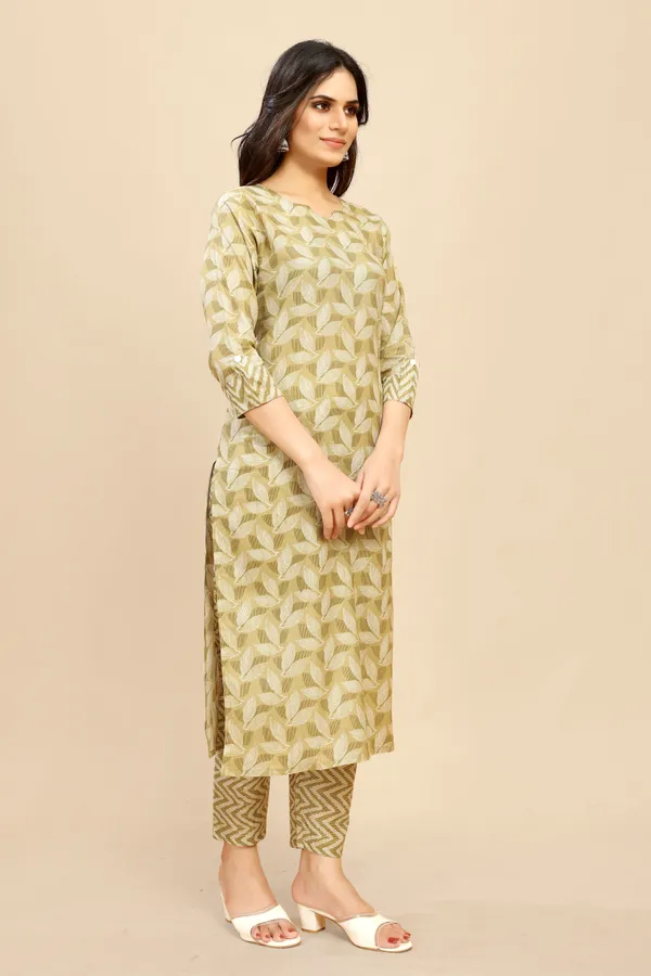 Yellow_Beige_Pure_Cotton_Leaf_Printed_Kurta_Pant_Suit